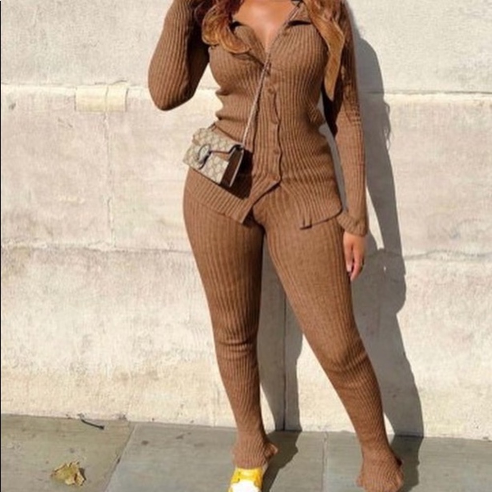 Tan Khaki Ribbed bib button up shirt and pants sets